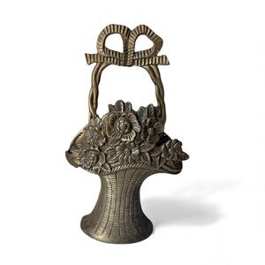Vintage Brass Flower Basket Bookend - Door Stopper Vase Wall Pocket